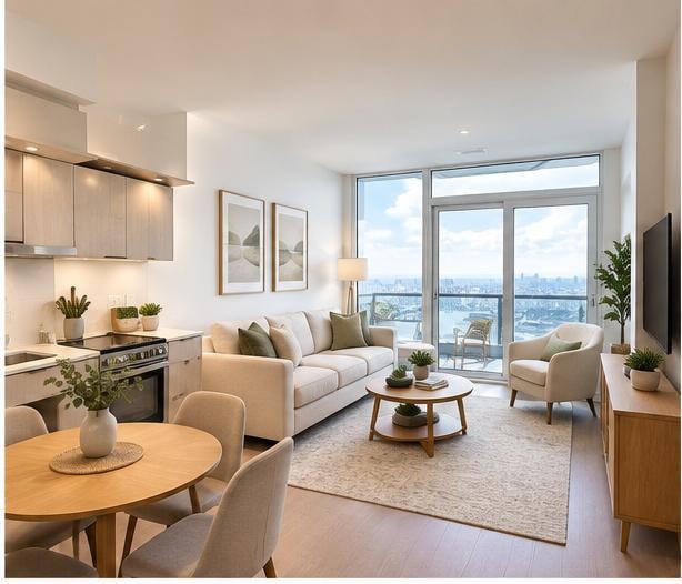 AI-staged living room and dining area